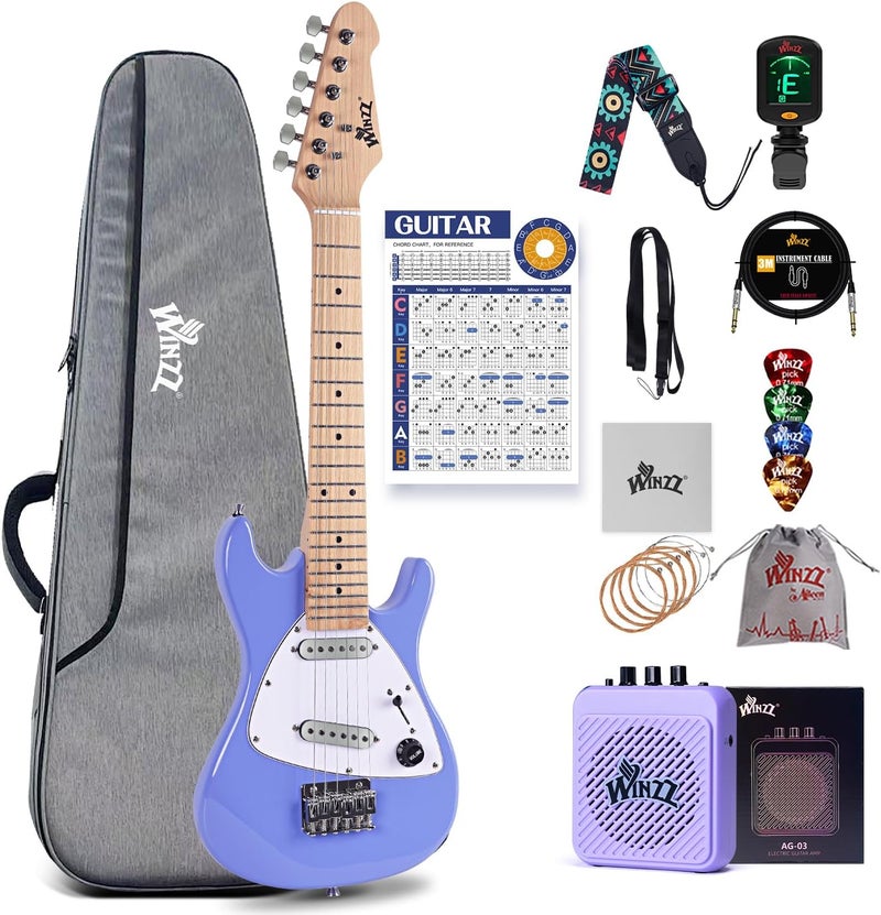 Winzz 30 Inch Kids Electric Guitar Beginner Kit, Junior 1/4 Size Mini Electric Guitar for Children Complete Stater Set with Amp, Gloosy Purple Colour - Image 1